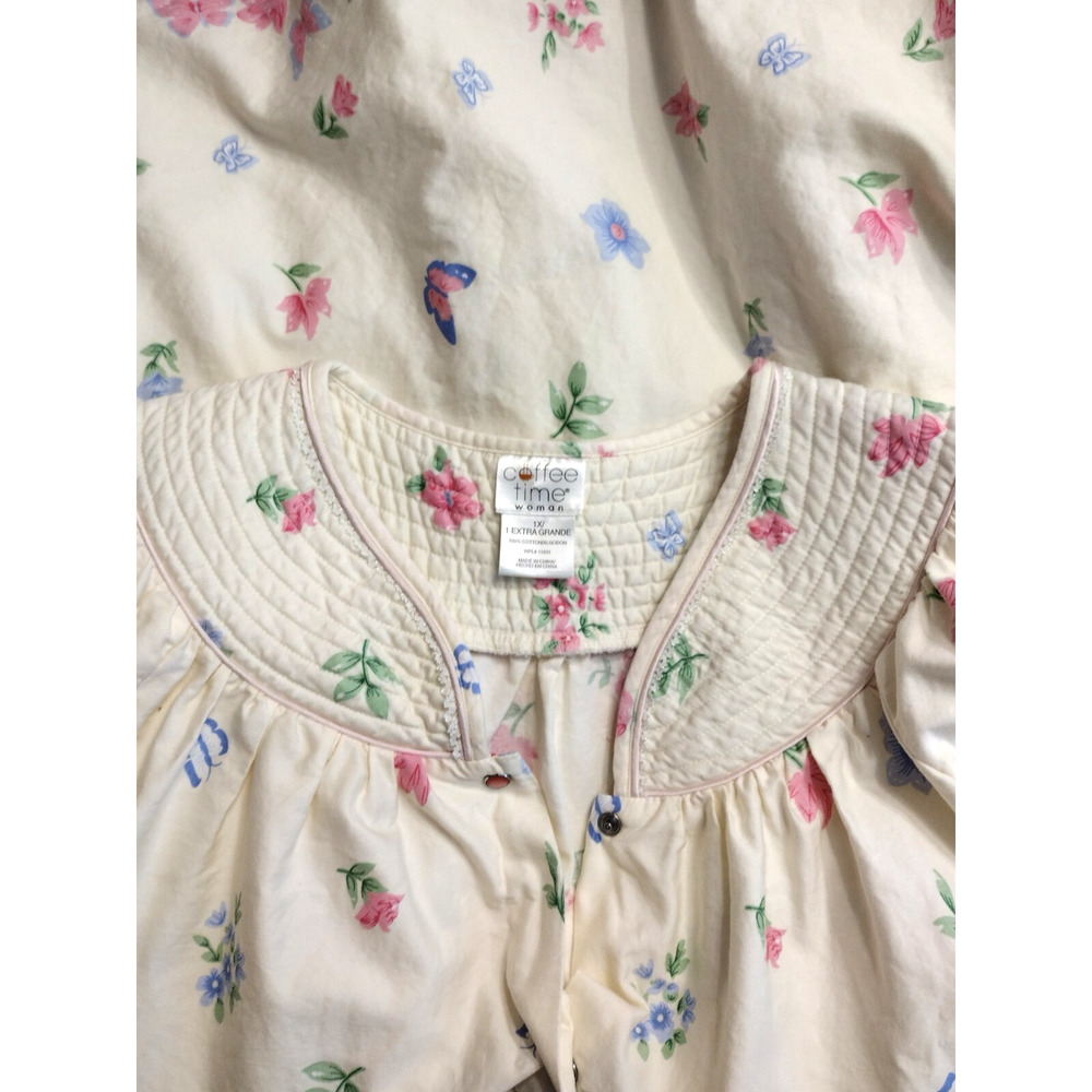 Coffee Time House Dress Duster Robe MuuMuu Yellow Floral Cotton Midi Pockets 1X - Picture 11 of 13